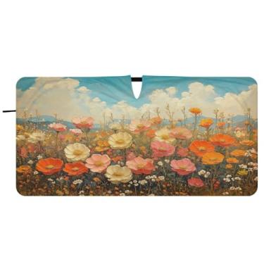 Imagem de Blueangle Pára-brisas com pintura a óleo de flores silvestres - 149.9 cm x 76.2 cm dobrável carro janela frontal blocos para-sol raios UV viseira de sol (518)