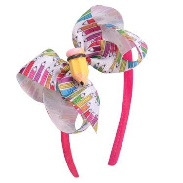 Imagem de HIFANMM Faixa de cabeça Back to School com laço vermelho rosa, acessórios de cabelo para mulheres, meninas, desenho 3D, lápis de cabelo, canetas coloridas, laço grande, antiderrapante, areia para