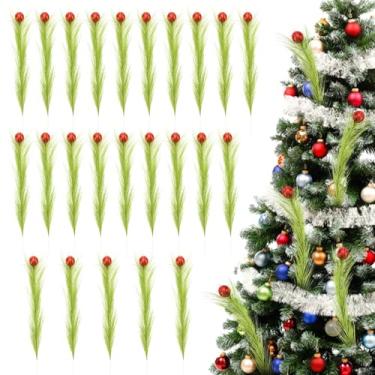 Imagem de 24 peças de topo de árvore de Natal 43 cm verde limão cacheado palitos de árvore com bola vermelha hastes verdes artificiais de Natal para decoração de guirlanda de casa de Natal suprimentos de