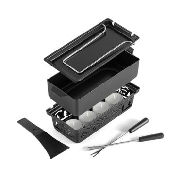 Imagem de Swissmar Conjunto de fondue e raclette de vela em tandem - Panela de fondue de mesa portátil 2 em 1 com prato de raclette, garfos, espátula e velas Tealight