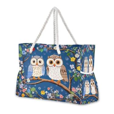 Imagem de Wassud Bolsa de praia grande para mulheres, duas corujas fofas, impermeável, à prova de areia, bolsa de viagem com zíper e bolso para piscina, academia, acampamento