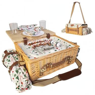 Imagem de Conjunto de cesta de piquenique de vime para 2 pessoas com cobertor de mesa de vinho dobrável para família, isolado, portátil, grande capacidade de armazenamento, tecido natural, vime, utensílios de