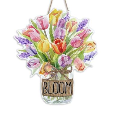 Imagem de Bolisom Placa Welcome Primavera Verão Tulipa Flor Porta da Frente, Aquarela Flor Floral Pote de Pedreiro Placa de Madeira Cabide Exterior Exterior Varanda Decoração de Casa Guirlanda de Madeira