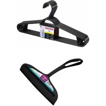 Imagem de Kit 1 Rodo de pia Preto e 1 Cabide Plástico para Roupas 6 Unidades