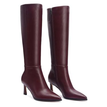 Imagem de Gothictor Botas femininas de cano alto bordô, salto gatinho, bico fino, panturrilha larga, botas altas para festa de casamento, Borgonha, 7 UK