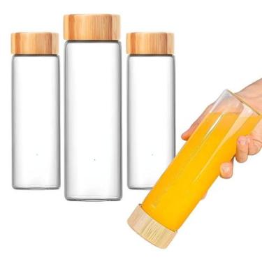 Imagem de Kit 3 Garrafa Squeeze De Vidro Água Chá Suco 600ml Tampa Bambu - CLICK