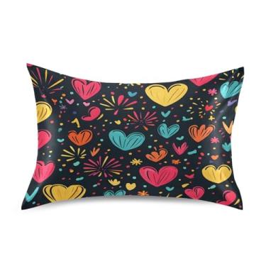 Imagem de Wassud Fronha colorida de cetim com corações e fogos de artifício para cabelo e pele, fronhas de seda lisa, tamanho padrão, capas de almofada respiráveis com fecho de envelope