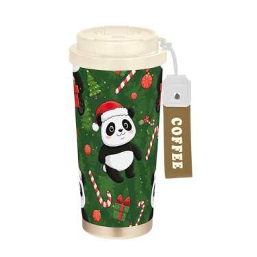 Imagem de TSENQUE Copo de café de 473 ml com canudo e tampa de enchimento, revestimento cerâmico, isolamento a vácuo, aço inoxidável, copo de café, à prova de vazamento, fofo desenho animado Pandas Natal
