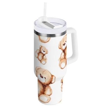 Imagem de Joisal Copo térmico Teddy Bear com alças para café gelado copo reutilizável à prova de derramamento