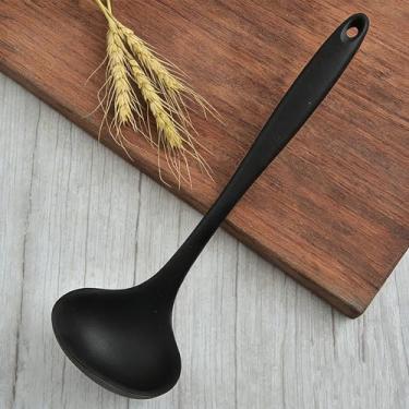 Imagem de Colher de cozinha grande de silicone, colher de cozinha preta para cozinhar, misturar, mexer, servir, concha de sopa flexível resistente ao calor, sem arranhões, 21 cm