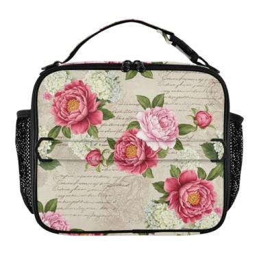 Imagem de Joisal Lancheira floral rosa peônias meninas mulheres lancheira infantil masculina lancheira para trabalho bolsa térmica macia isolada com alça de ombro ajustável