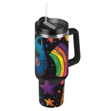 Imagem de Copos de aço inoxidável com tampa e canudos Lgbt Mês do Orgulho Gatos Fofos Estrelas Carros Copo de Café Bebida Quente Copo Térmico de 850 g com Alça Garrafa de Água Isolada