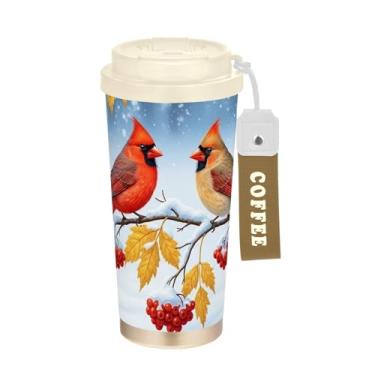 Imagem de TSENQUE Copo de café de viagem de 473 ml, copo de café de viagem com revestimento cerâmico com canudo e tampa, copo isolado a vácuo de aço inoxidável, bagas de neve cardeal de pássaro de Natal