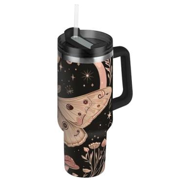 Imagem de Joisal Copos de mariposa e cogumelo com tampa e canudos Copo rosa com alça Garrafa de água de 850 g Garrafa de água de aço inoxidável isolada cabe no copo do carro