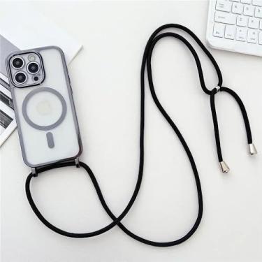 Imagem de Capa de celular transparente com cordão e revestimento Crossbody para iPhone 16E 16 15 14 13 12 Pro Max, colar magnético, capa de corda, preta, para iPhone 12 Pro Max