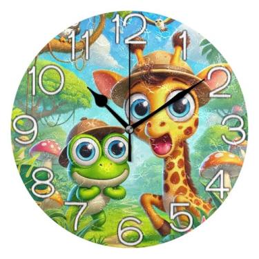 Imagem de GAIGEO Relógio de parede analógico decorativo escritório cozinha relógio operado a bateria, decoração de sala de estar, arte moderna, desenho fofo girafa sapo, pássaro girafa, 25 cm, ponteiros