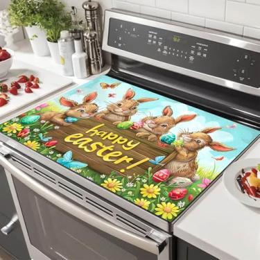 Imagem de HOMETITUTE Capas superiores de fogão de coelhinho da Páscoa para fogão elétrico 71 x 50 cm almofada protetora de vidro ovos de primavera resistente ao calor capa decorativa de fogão tapete de bancada