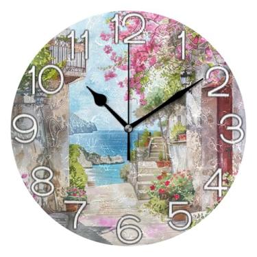 Imagem de GAIGEO Relógio de parede analógico decorativo operado por bateria silencioso relógio de cozinha rústico, retrô moderno art déco decoração de parede estampa floral mediterrânea, 25 cm, ponteiros