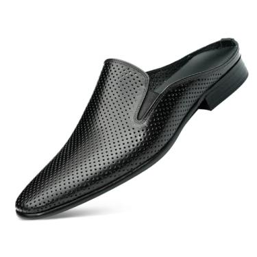 Imagem de Chinelos masculinos formais mocassins de couro aberto nas costas mules negócios casamento casual moda tamancos sandálias verão sapatos masculinos, Preto, 45