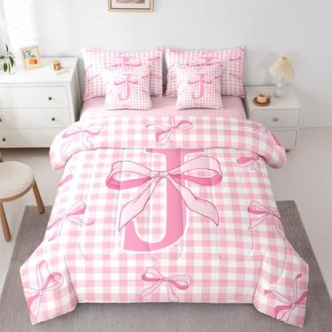 Imagem de Feelyou Conjunto de edredom com laço rosa com 7 peças, tamanho casal, fofo, quadriculado, para crianças, meninos, meninas, com inicial J, para decoração de quarto, microfibra leve e macia
