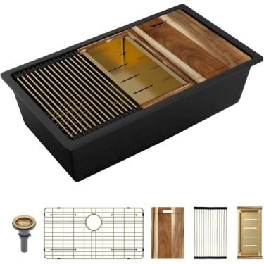 Imagem de Sarlai Pia de cozinha composta de granito 32 - 81 cm x 48 cm preto embaixo da pia da cozinha estação de trabalho composto de quartzo de granito preto fosco sob montagem embaixo da pia com acessórios