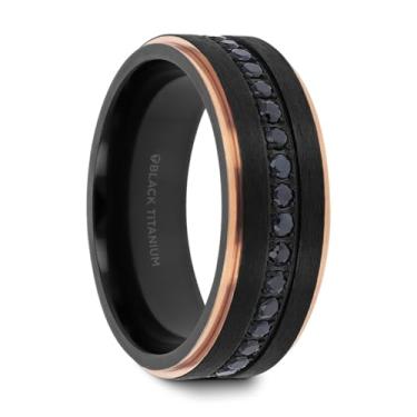 Imagem de Aliança de casamento masculina de titânio preto banhado a ouro rosa dentro de configurações de safira preta - ajuste confortável escovado plano - 8 mm de largura - Nome do estilo: ASTRO, Metal