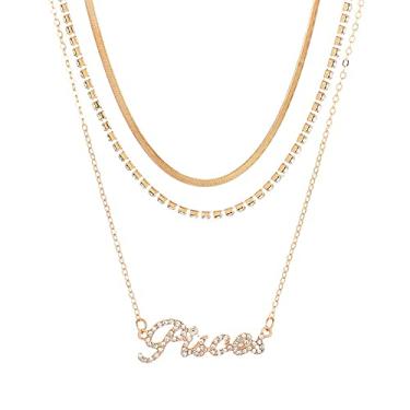 Imagem de COLORFUL BLING Colar multicamadas de 12 constelações, gargantilha, letra do zodíaco, corrente de cobra, strass, cristal, tênis, corrente, presente de aniversário para mulheres e meninas, Cristal Metal, Liga metálica.,