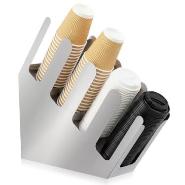 Imagem de Frienda Dispensador de copo e tampa de aço inoxidável com 4 compartimentos, organizador de copo de café prateado para organização de bancada, café, restaurante de bebidas, cozinha, sala de descanso