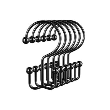 Imagem de Pacote com 12 ganchos dourados para cortina de chuveiro, ganchos duplos, anéis de metal à prova de ferrugem para varão de cortina de banheiro, cabides decorativos com revestimento antiferrugem, preto