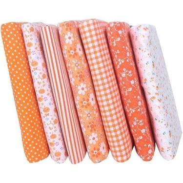 Imagem de Conjunto de 7 peças de tecido de algodão laranja superior quadrado patchwork, colcha de costura DIY padrão de ponto floral artesanato e passatempo, tecido de artesanato e hobby 25,4 x 25,4 cm