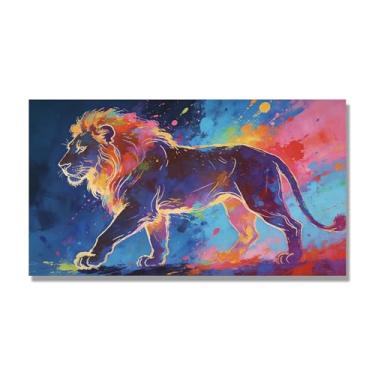Imagem de NHLDZYH Respingo de tinta leão pintura em tela abstrata arte animal mural vívido chama a atenção para sala de estar decoração de casa moderna. A119. 75 x 135 cm. Apenas tela