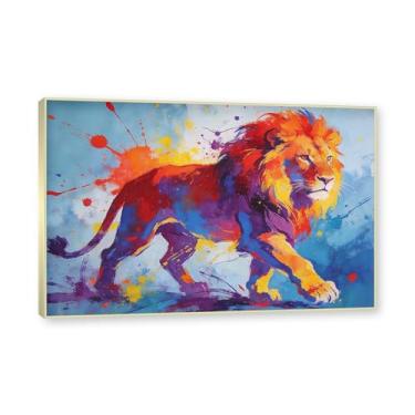 Imagem de NHLDZYH Moldura dourada. Quadro abstrato de leão - arte moderna com salpicos de cor vibrante - arte de parede energética para casa, escritório ou negócios - tela decorativa. A68. 80 x 120 cm.