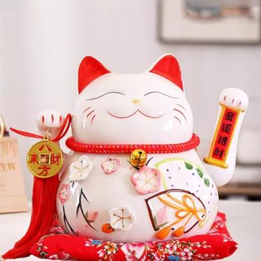 Imagem de FENNYYAR Flor de pêssego de cerâmica Maneki Neko e pequeno gato branco, 25 cm, item de decoração de casa para atrair riqueza