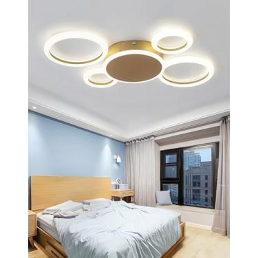 Imagem de Luminária de teto LED moderna, dimerizável, com controle remoto, design de anéis redondos, em acrílico, para sala de estar, quarto, sala de jantar e cozinha (Dourada, 5 anéis)