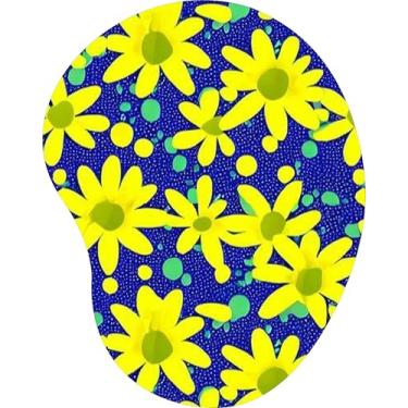 Imagem de Mouse Pad Ergonômico Gota Flores Amarelas e Círculos Coloridos Fundo Azul