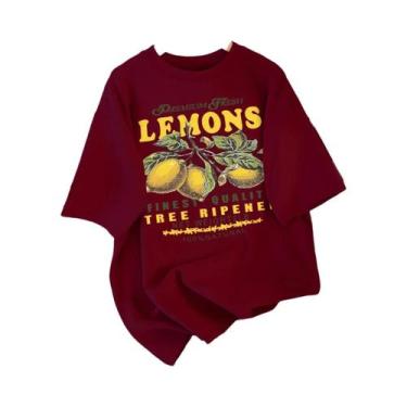 Imagem de Camiseta Feminina Solta De Algodão Com Estampa De Limão, Gola Redonda,