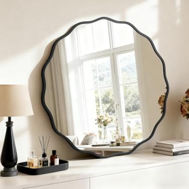 Imagem de HOMECOOKIN Espelho de parede redondo ondulado de 81 cm, espelho de parede ondulado redondo com moldura de alumínio para atualizações de banheiro, hotéis, penteadeiras, casas de fazenda