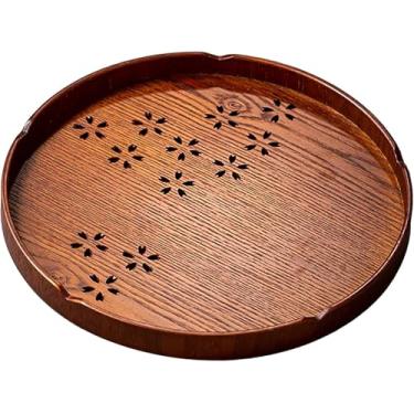 Imagem de Bandeja de chá, bandeja redonda de madeira com padrão de flor de cerejeira, bandeja de servir comida estilo japonês, suporte para batedor de chá assado matcha para casa de chá