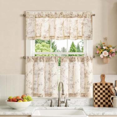 Imagem de jinchan Conjunto de cortinas florais de cozinha de 61 cm de comprimento para casa de fazenda, café, conjunto de cortinas e saia para sala de estar, banheiro, janela pequena, tratamentos de varão