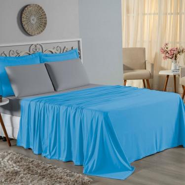 Imagem de Jogo De Cama Solteiro Nobre 3 Peças Lençol Com Elástico De 30cm De Altura Malha 100% Algodão - Turquesa / Cinza