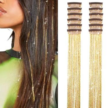 Imagem de Pacote de 12 peças de tinsel de cabelo dourado com clipe de 50,8 cm de extensão de cabelo com glitter, extensão de cabelo de fada para festival, kit de acessórios de cabelo deslumbrantes para festas