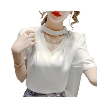 Imagem de Blusa Feminina De Verão Com Manga Bufante, Gola O Casual, Com Pérolas 