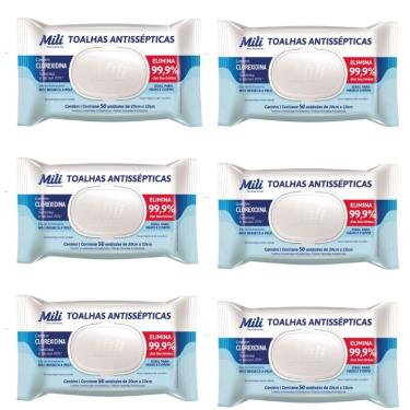 Imagem de Lenço Umedecido ou Toalhas Antissépticas Mili  6 pacotes c/ 50 (total: 300 toalhas)