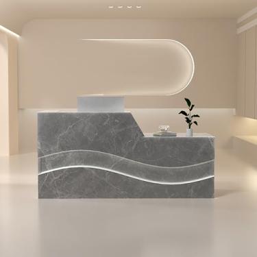 Imagem de Mesa de recepção preta com gaveta trancável e bandeja de teclado, mesa de balcão frontal de 140 x 60 x 99 cm para saguão de escritório, salão e áreas de recepção.