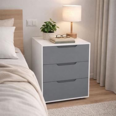 Imagem de Mesa de Cabeceira Madri 3 Gavetas Cinza/Branco - Politorno