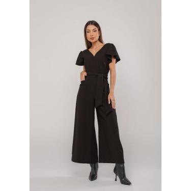 Imagem de Macacão Alfaiataria Pantalona com Manga Curta e Faixa na Cintura Preto