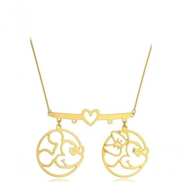 Imagem de Colar Floratta Joias Personalizado Mickey e Minnie Coração Folheado em Ouro 18K Dourado Feminino