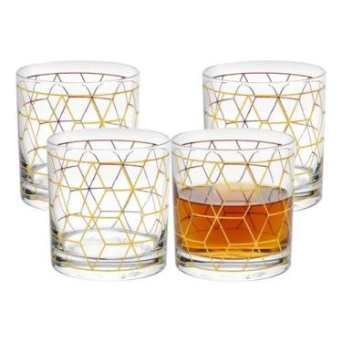 Imagem de Jogo 4 Copos Whisky Vidro Baixo Detalhe Dourado 320ml Wolff