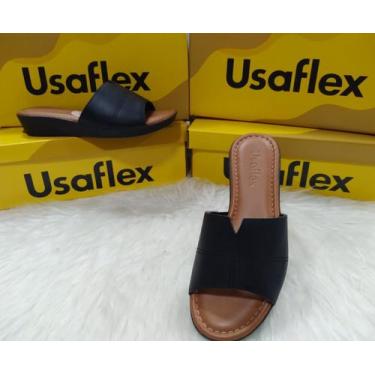 Imagem de Sandalia Usaflex Tamanco Anabela Couro Canela Bordado AA3303, Preto, 3