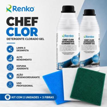 Imagem de 2 chef clor detergente desinfetante clorado renko c/3 fibras